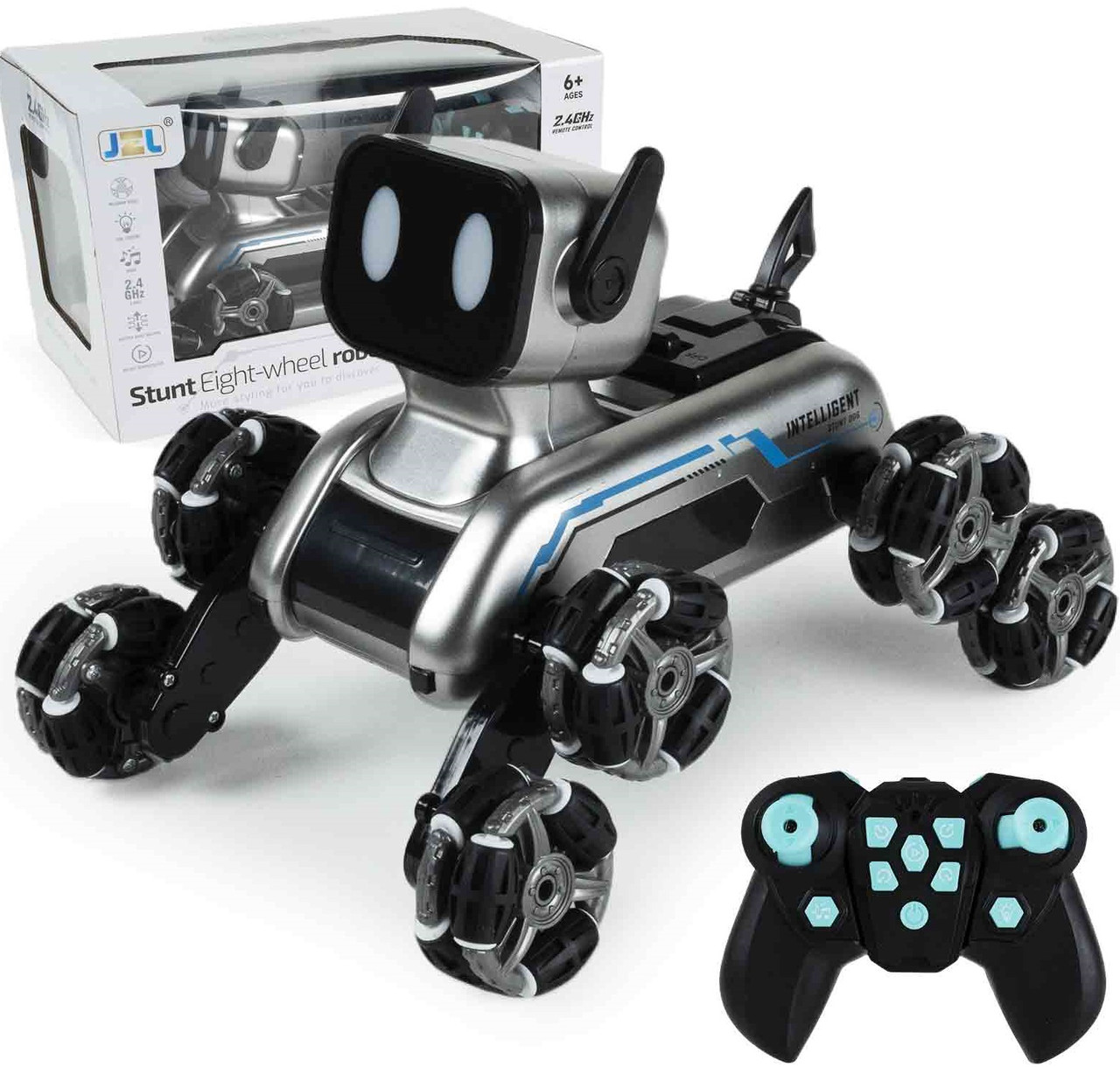 Інтерактивна собака-робот, трюковий робопес Stunt eight-wheel robot dog 8 коліс, радіокерування, звук і світло