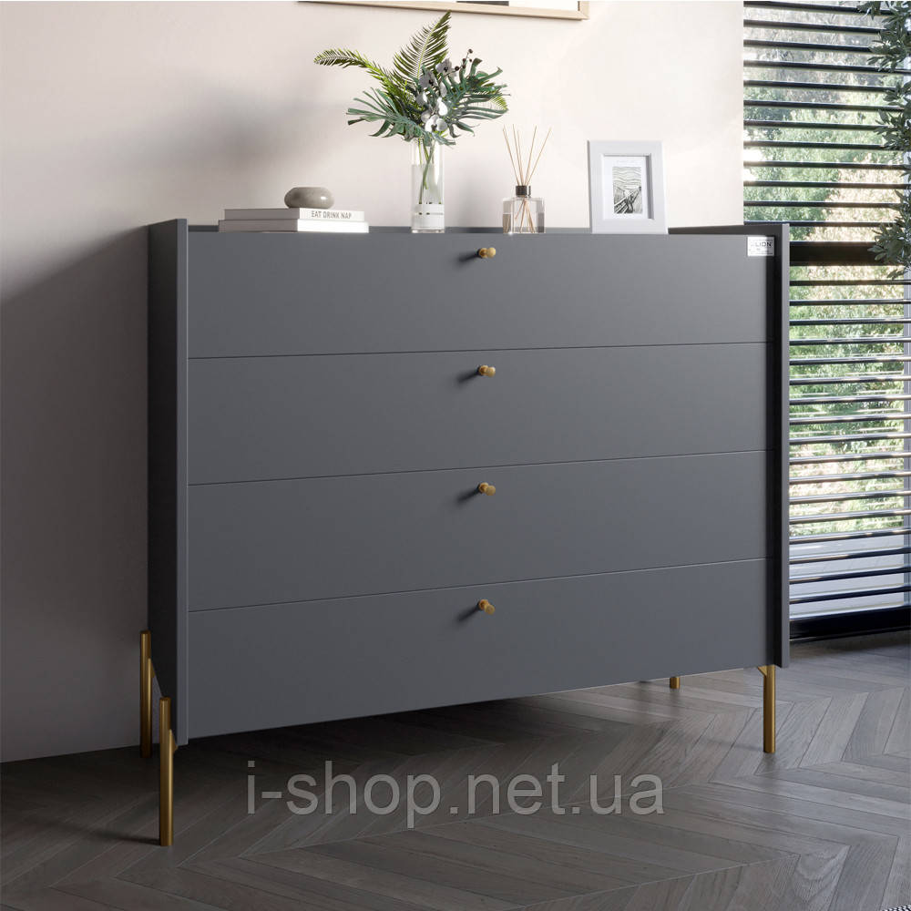 Комод із 4 шухлядами LION Wood із золотими ніжками 100х90х45 см Антрацит (LION-042957)