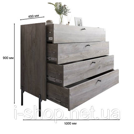 Комод із 4 шухлядами LION Wood із золотими ніжками 100х90х45 см Дуб Артизан (LION-042964), фото 4