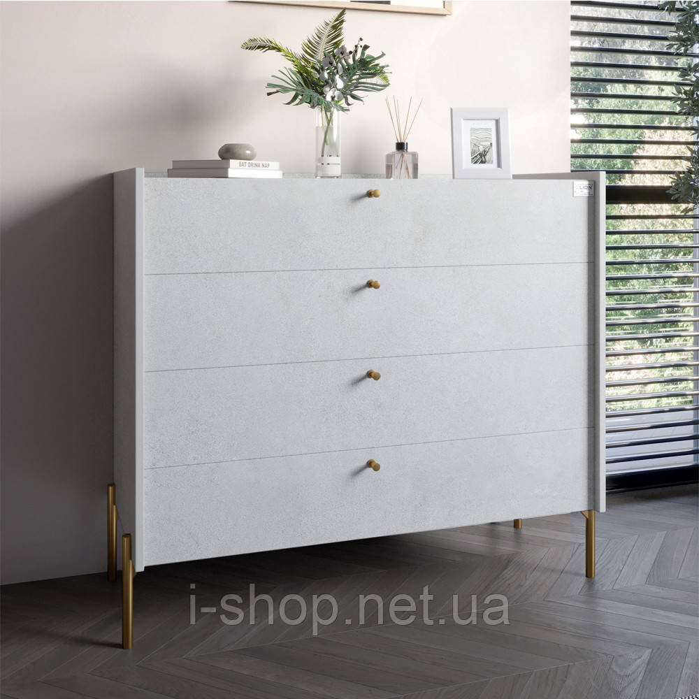 Комод із 4 шухлядами LION Wood із золотими ніжками 100х90х45 см Бетон style (LION-042959)
