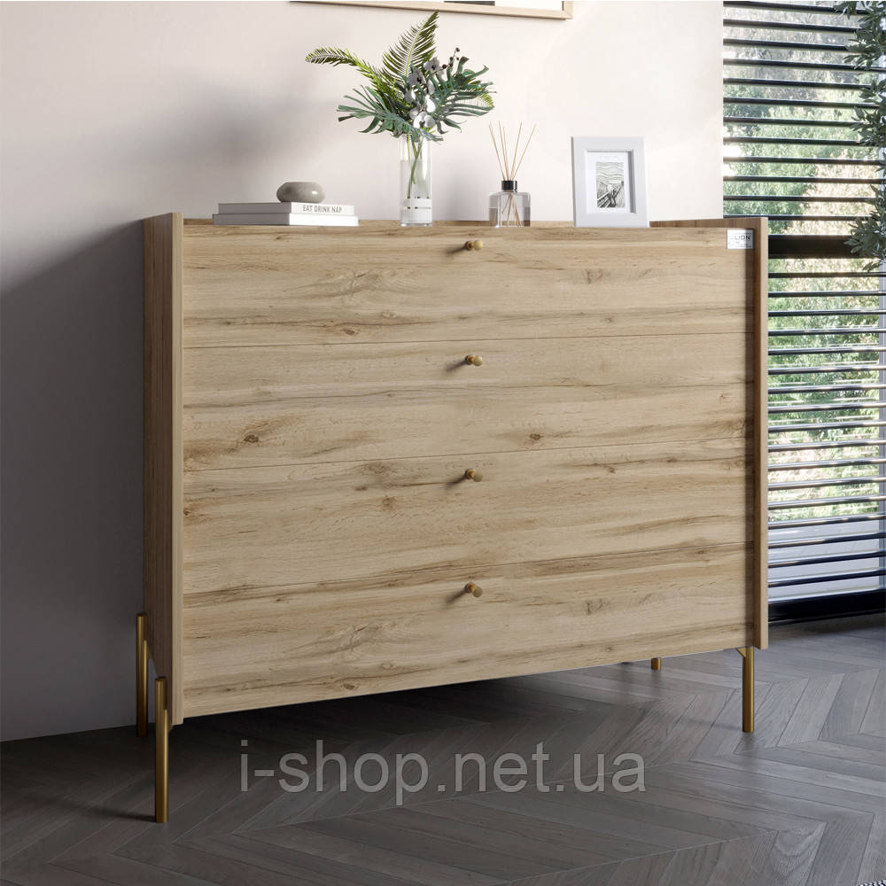 Комод із 4 шухлядами LION Wood із золотими ніжками 100х90х45 см Дуб Аппалачі (LION-042963)