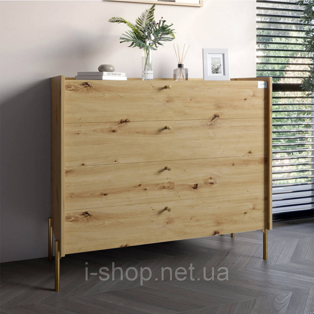 Комод із 4 шухлядами LION Wood із золотими ніжками 100х90х45 см Дуб Артизан (LION-042964)
