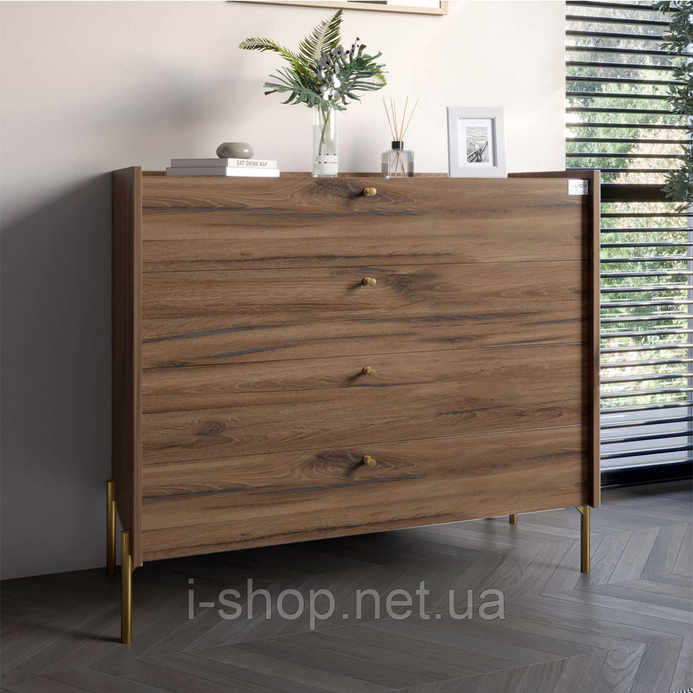 Комод із 4 шухлядами LION Wood із золотими ніжками 100х90х45 см Дуб Ліворно (LION-042965)