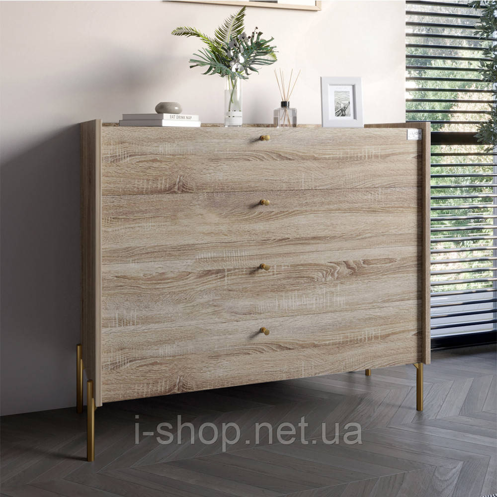 Комод із 4 шухлядами LION Wood із золотими ніжками 100х90х45 см Дуб Сонома Трюфель (LION-042967)