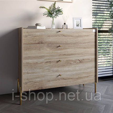 Комод із 4 шухлядами LION Wood із золотими ніжками 100х90х45 см Дуб Сонома Трюфель (LION-042967), фото 1