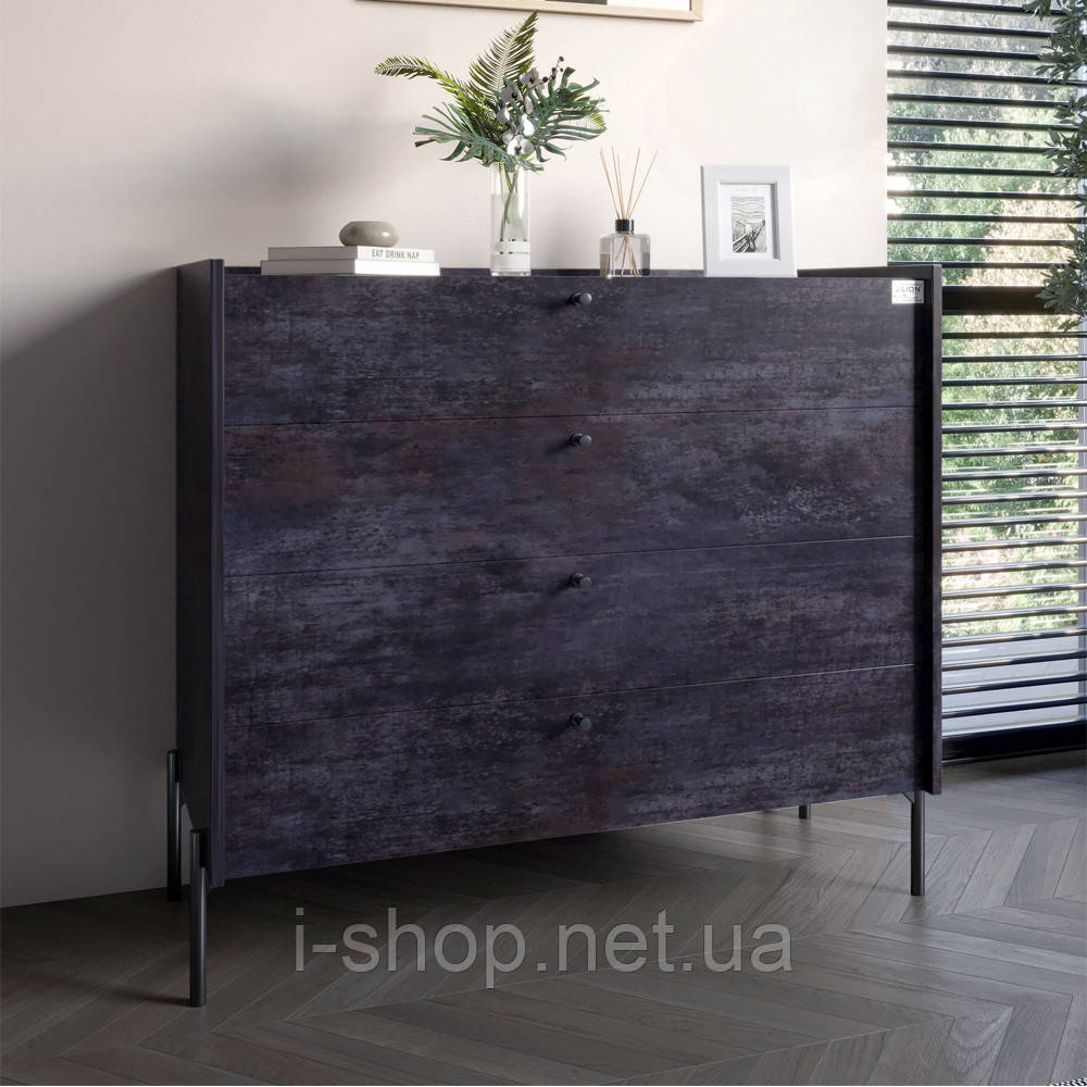 Комод із 4 шухлядами LION Wood із чорними ніжками 100х90х45 см Бетон темний (LION-042975)