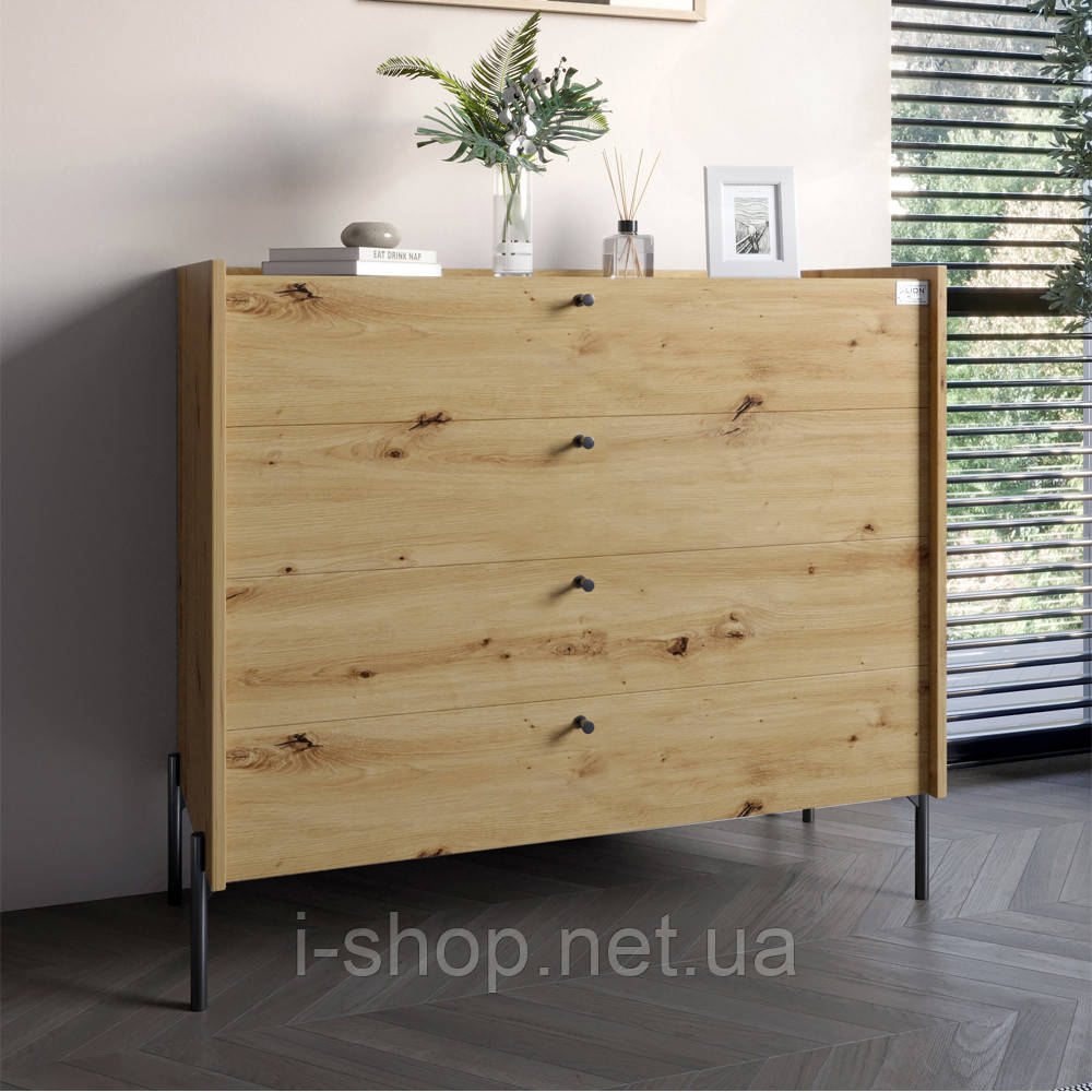 Комод із 4 шухлядами LION Wood із чорними ніжками 100х90х45 см Дуб Артизан (LION-042978)