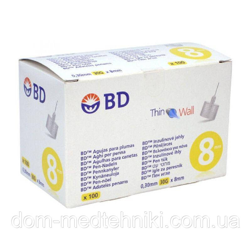 Голки для інсулінових ручок "BD Microfine Thin Wall" 8 мм (30G x 0,30 мм), 100 шт.