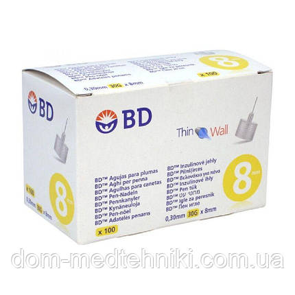 Голки для інсулінових ручок "BD Microfine Thin Wall" 8 мм (30G x 0,30 мм), 100 шт., фото 1