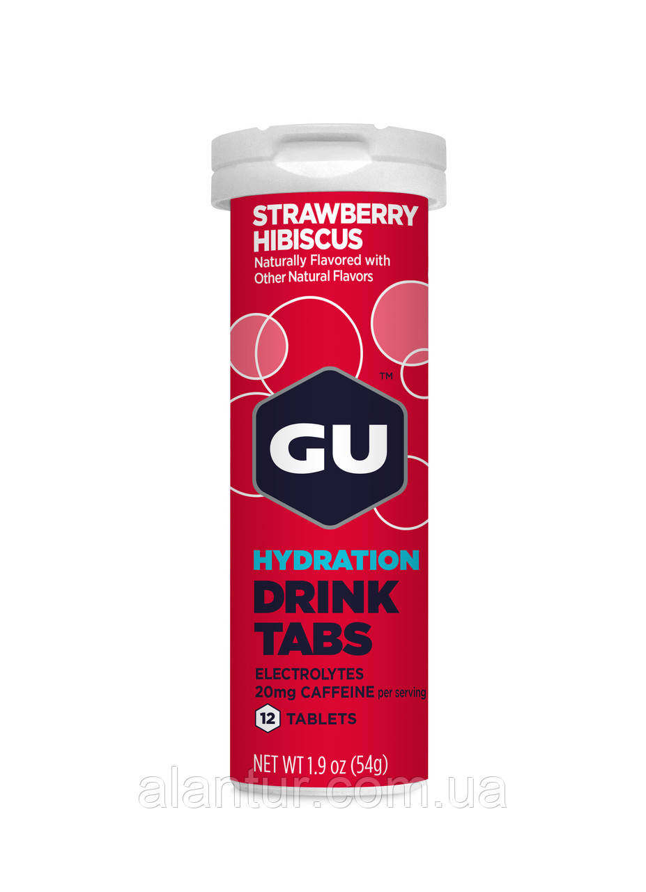 Ізотонічні таблетки GU Energy Strawberry Hibiscus (з кофеїном), 12 шт в тубі, фото 1