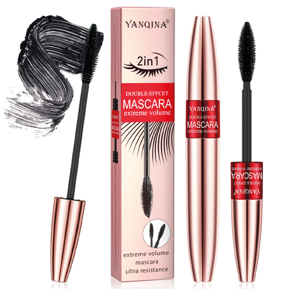 Подовжуюча туш для вій 2в1, Yanqina 4d Mascara, Чорна / Водостійка туш для об'єму вій