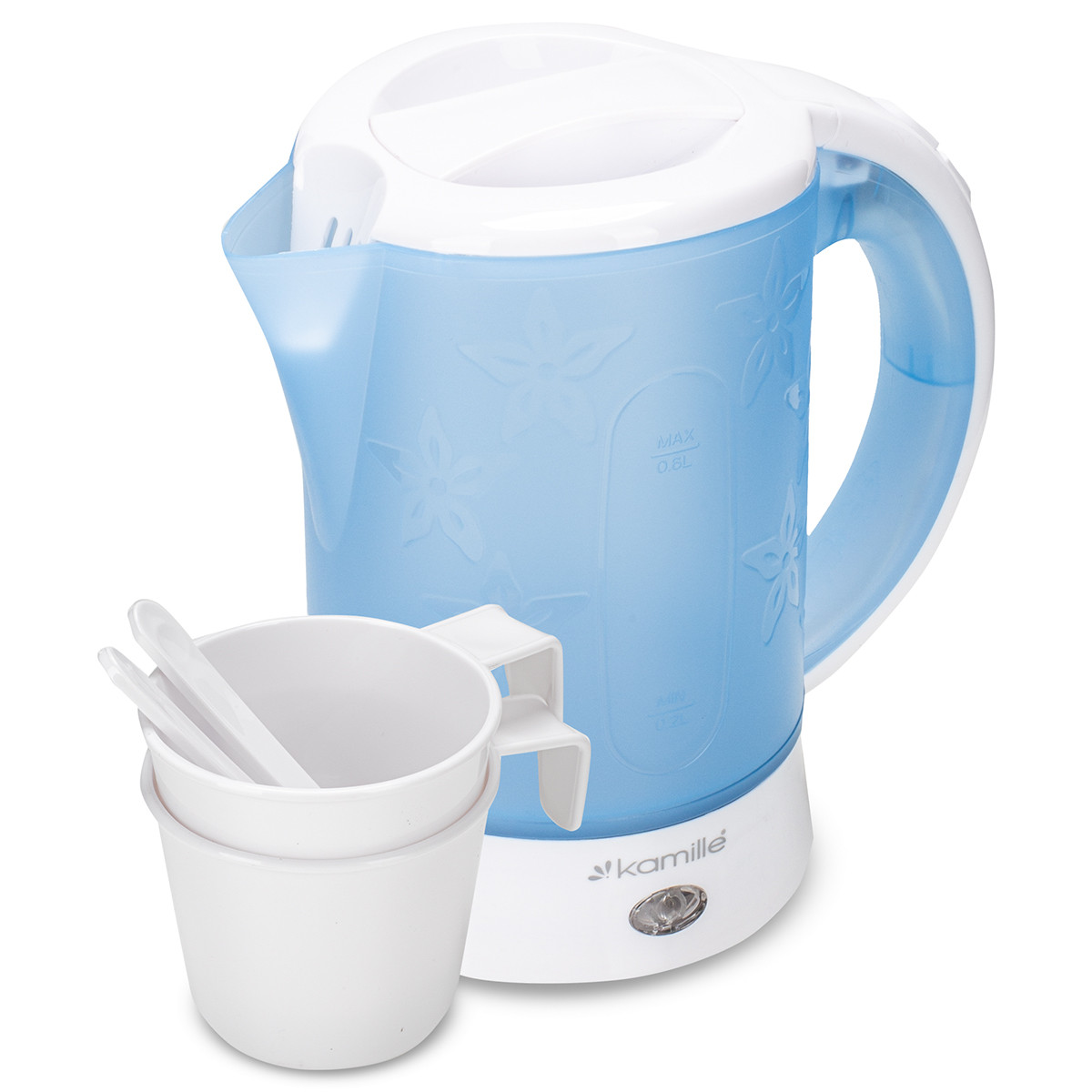 Чайник електричний пластиковий 0.6 л з чашками та ложками Kamille KM-1718B, фото 1
