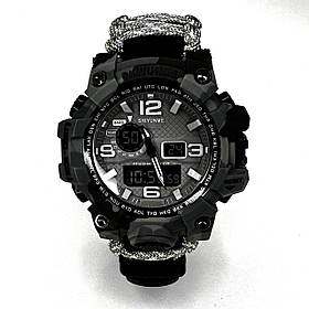 Годинник армійський наручний Shiyunme Black-Gray, військовий годинник для виживання з паракордом, вогнем, чорний корпус