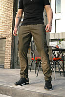 Чоловічі штани карго кольору хакі з котону весняні осінні прямі, Демісезонні штани cargo хакі на липучці з кишенями