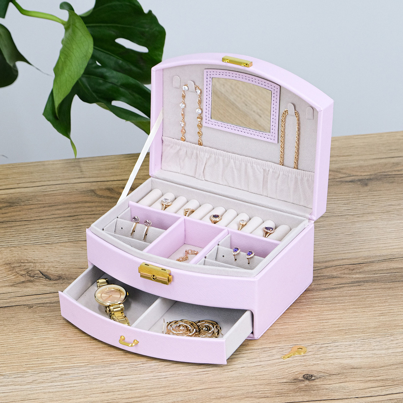 Шкатулка для прикрас двошарова з дзеркалом, екошкіра рожева 20*15*10 см Гранд Презент JZ-007-1