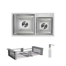 Комплект Lidz Handmade H7843 Мийка для кухні з двома чашами інтегрована Brushed у комплекті з дозатором + Lidz