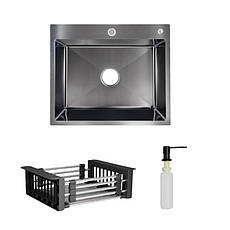 Комплект Lidz Handmade H6050B Мийка для кухні інтегрована BlackPVD у комплекті з дозатором + Lidz K01B Корзина