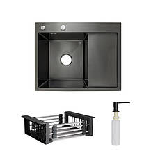 Комплект Lidz Handmade H6350BR Мийка для кухні інтегрована крило зправа BlackPVD у комплекті з дозатором +