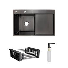 Комплект Lidz Handmade H7849BR Мийка для кухні інтегрована крило зправа BlackPVD у комплекті з дозатором +