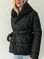 Коротка зимова куртка з поясом плащівка чорний 42-44 РОЗМІР