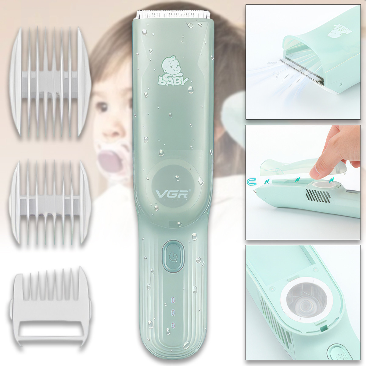 Акумуляторна машинка для стрижки дітей з витяжкою та 3 насадками VGR V-155, фото 1