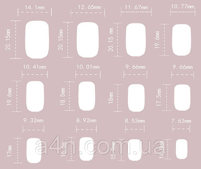 Накладные ногти - Интернет-магазин A4N Размеры накладных ногтей