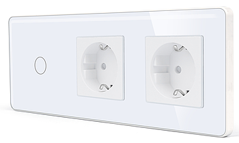 Сенсорний вимикач (1кл.) + Подвійна розетка 1DAL | Білий, Скляна панель (G228D-SW1G-STX2.WT)