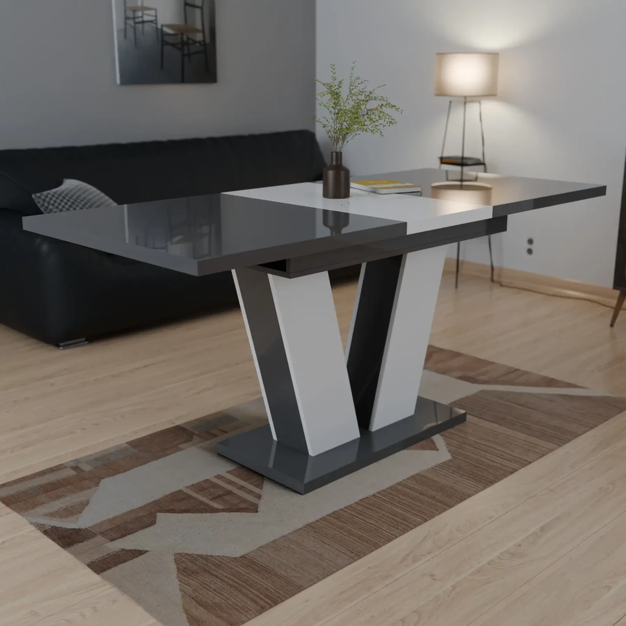 Обідній розсувний стіл РОЙ МДФ Neman, колір  сірий глянець + білий