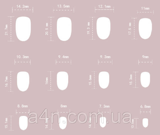 Накладные ногти - Интернет-магазин A4N Размеры накладных ногтей