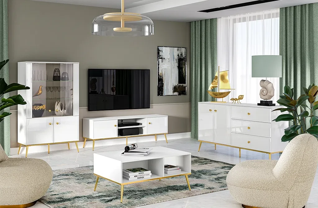 Комплект меблів у вітальню Goldin (білий глянець/золотий), фото 1