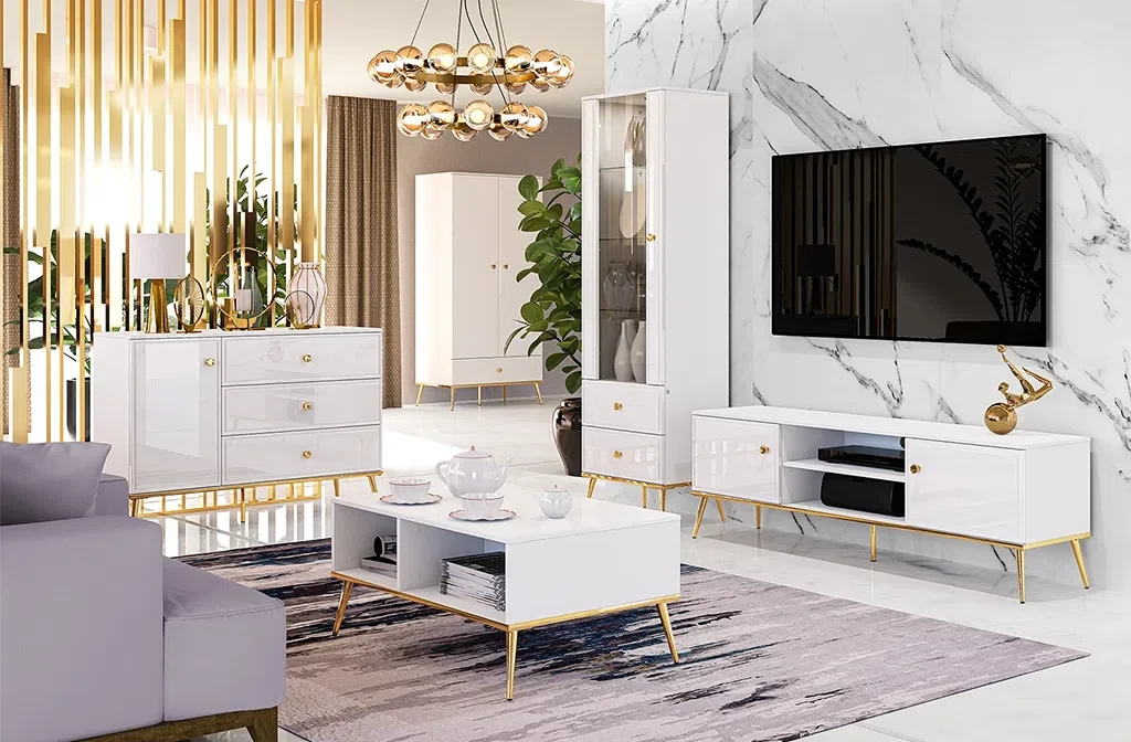 Комплект меблів у вітальню Goldin (білий глянець/золотий), фото 1