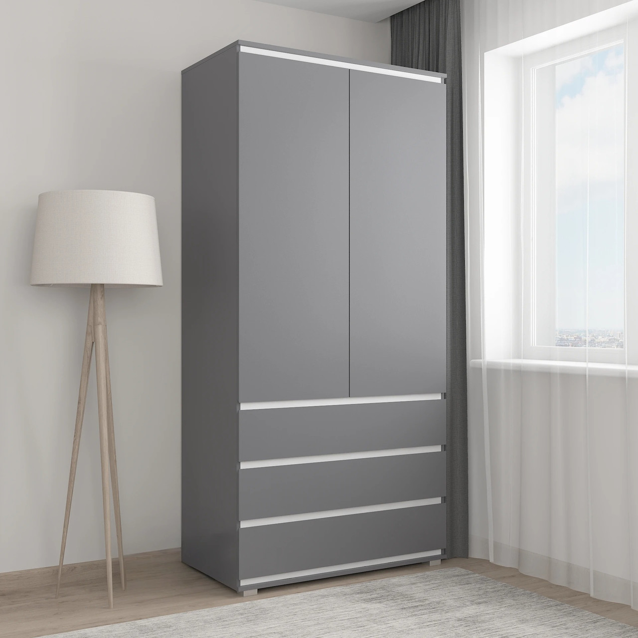 Шафа 100 см дводверна з Ламінованого ДСП Шафи в спальню з 3 висувними шухлядами та 4 закритими полицями, фото 1