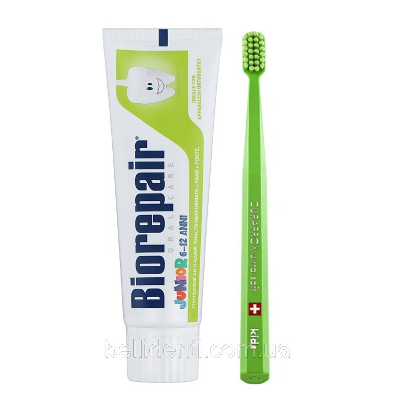 Набір Curaprox Kids Biorepair Junior без фтору 6-12 років (зубна паста+зубна щітка)