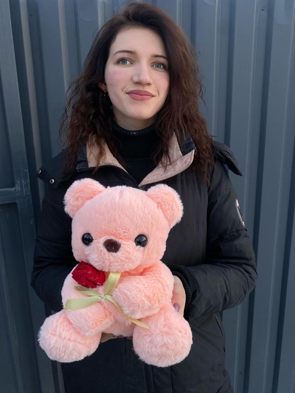 М'яка іграшка Ведмедик  з трояндою 27см. Рожевий