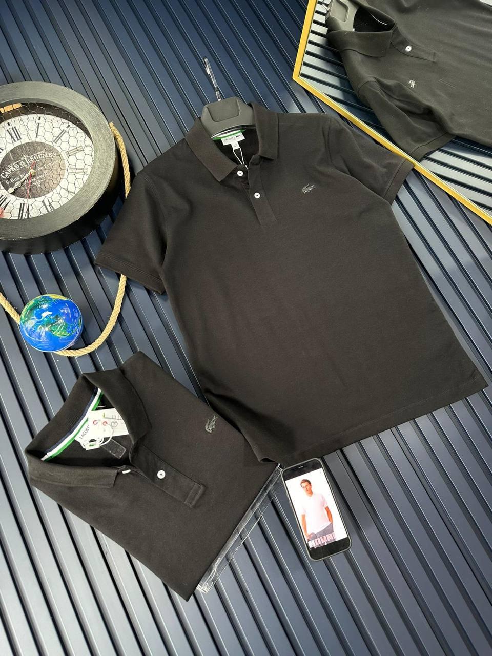 Чоловіча футболка поло Lacoste чорна брендова теніска з коміром