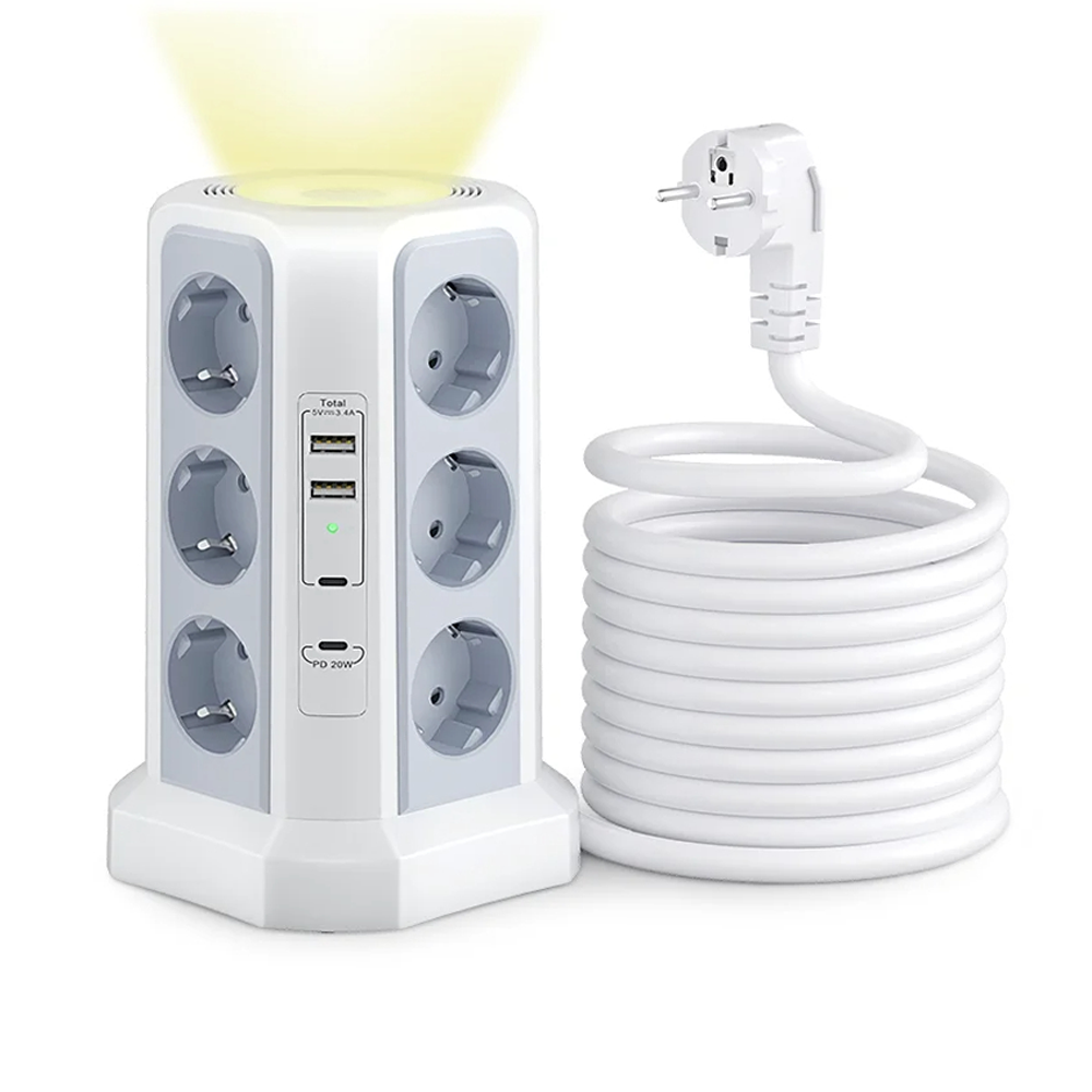 Подовжувач Tessan TS-TPS03DE (4000 Вт/16 А), вертикальний з 12 розетками | 2 USB-A | 2 Type-C | 2М кабель
