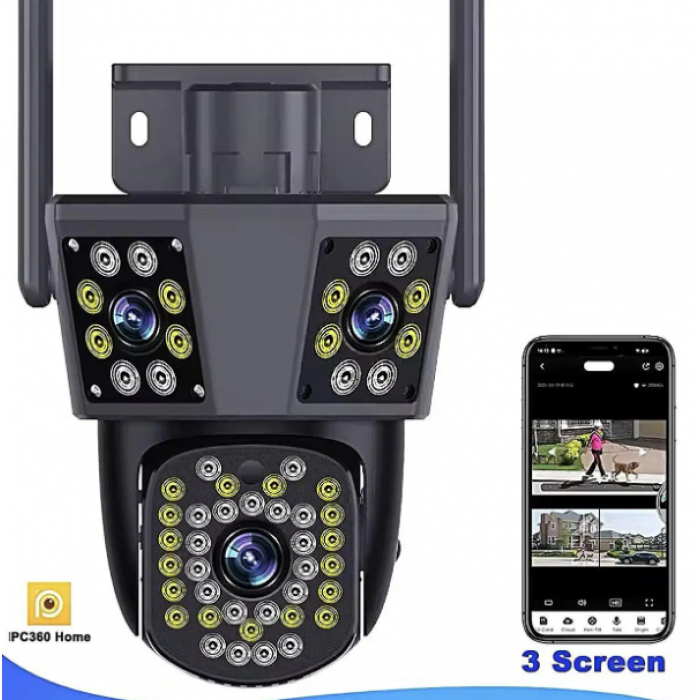 Вулична WIFI-камера відеоспостереження 9MP, 3 об'єктиви C360 home, поворотна три лінзи