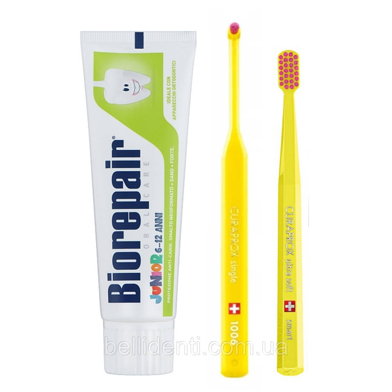Набір Curaprox Smart 1006 Biorepair Junior без фтору 6-12 років (зубна паста+щітка+монопучкова щітка)