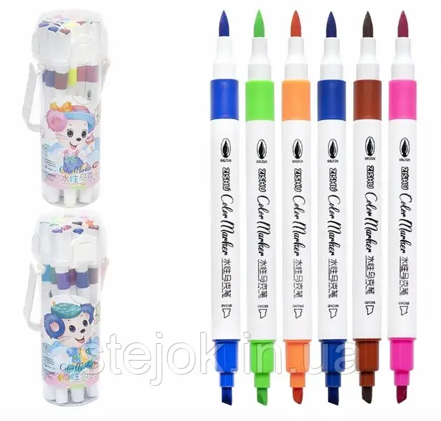 Набір маркерів двосторонніх для малювання 12 кольорів 259-12 у пластиковому боксі, фото 1