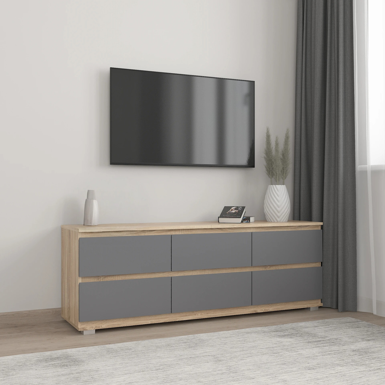 Комод для кімнати з 6 шухлядами, широкий комод для зберігання в мінімалістичному дизайні, фото 1