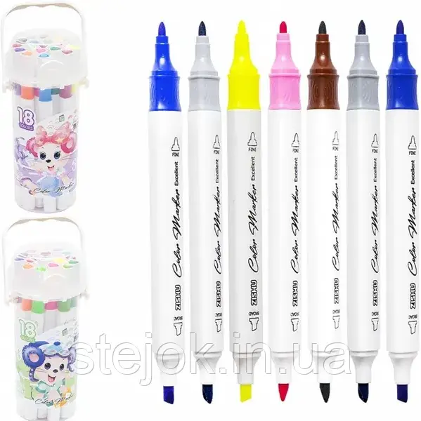 Набір маркерів для малювання 18 кольорів 241-18 скошений/круглий наконечник, у пластиковому боксі, фото 1