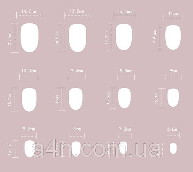Накладные ногти - Интернет-магазин A4N Размеры накладных ногтей