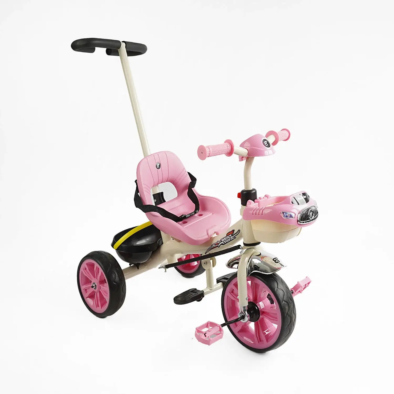 Велосипед для дівчинки, триколісний з батьківською ручкою, кошик, музика, колеса EVA, Best Trike BS-70225, фото 1