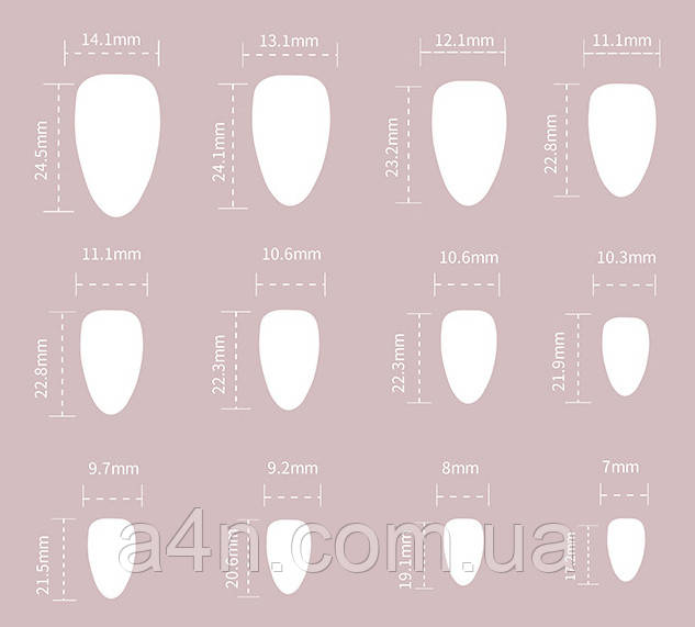 Накладные ногти - Интернет-магазин A4N Размеры накладных ногтей