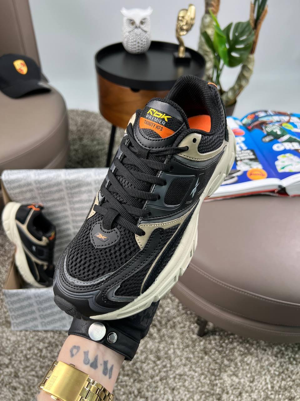 Чоловічі кросівки шкіряні текстиль Reebok Premier Trinity KFS Black Beige, кеди Рибок чорні. Чоловіче взуття