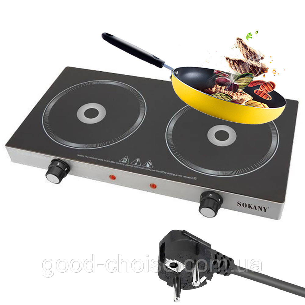Радіантна електрична плита на 2 конфорки 2400Вт, Sokany SK-224 / Інфрачервона електроплита / Електрична плита, фото 1
