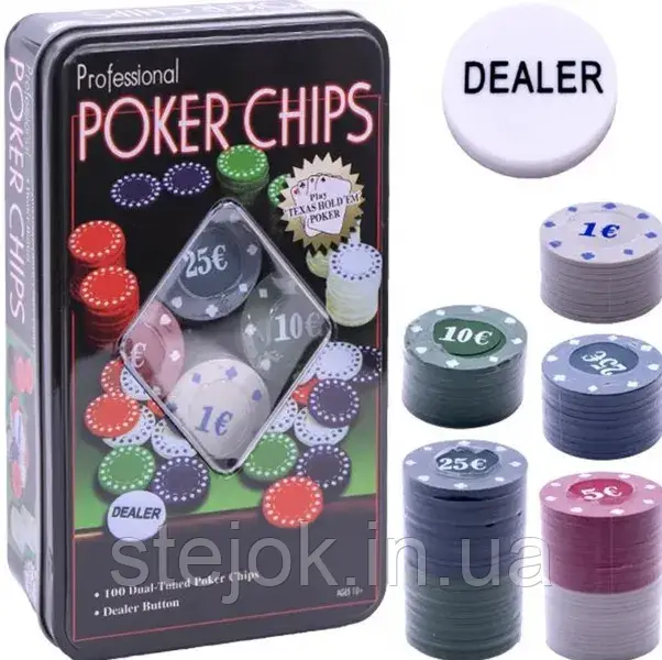 Покер набір в бляшаному боксі 100 фішек, фото 1