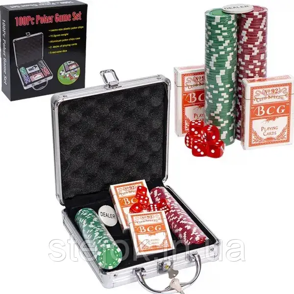 Покерний набір на 100 фішок валіза 2 колоди карт дилер, фото 1