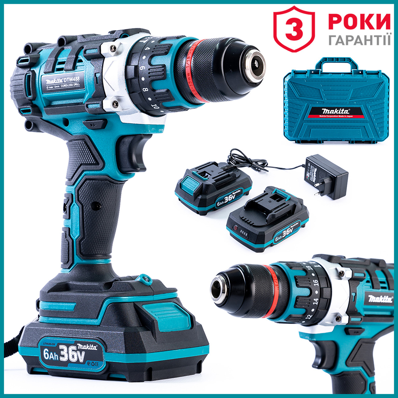 Ударний безщітковий акумуляторний дриль-шуруповерт Makita DTW 488 (36V, 6 AH) Макіта з металом патроном 13 мм bs