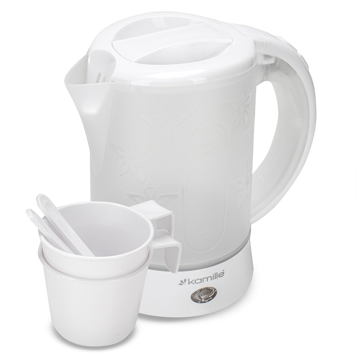 Чайник електричний пластиковий 0.6 л з чашками та ложками Kamille KM-1718A, фото 1